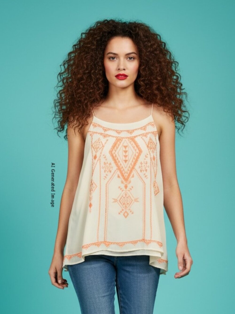 Blu Pepper Cream & Orange Aztec Embroidered Cami Top Size L